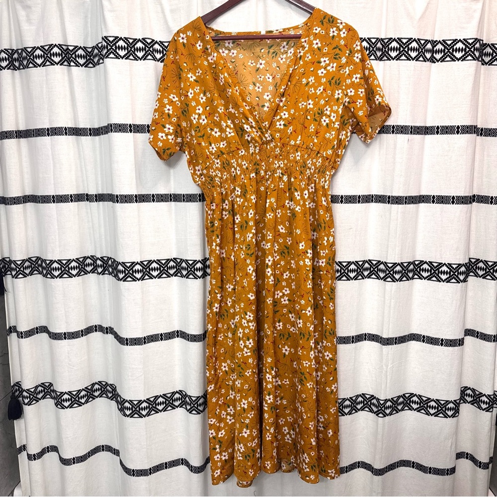 SOLD! Mustard Floral V-Neck Short Sleeve Midi Dress